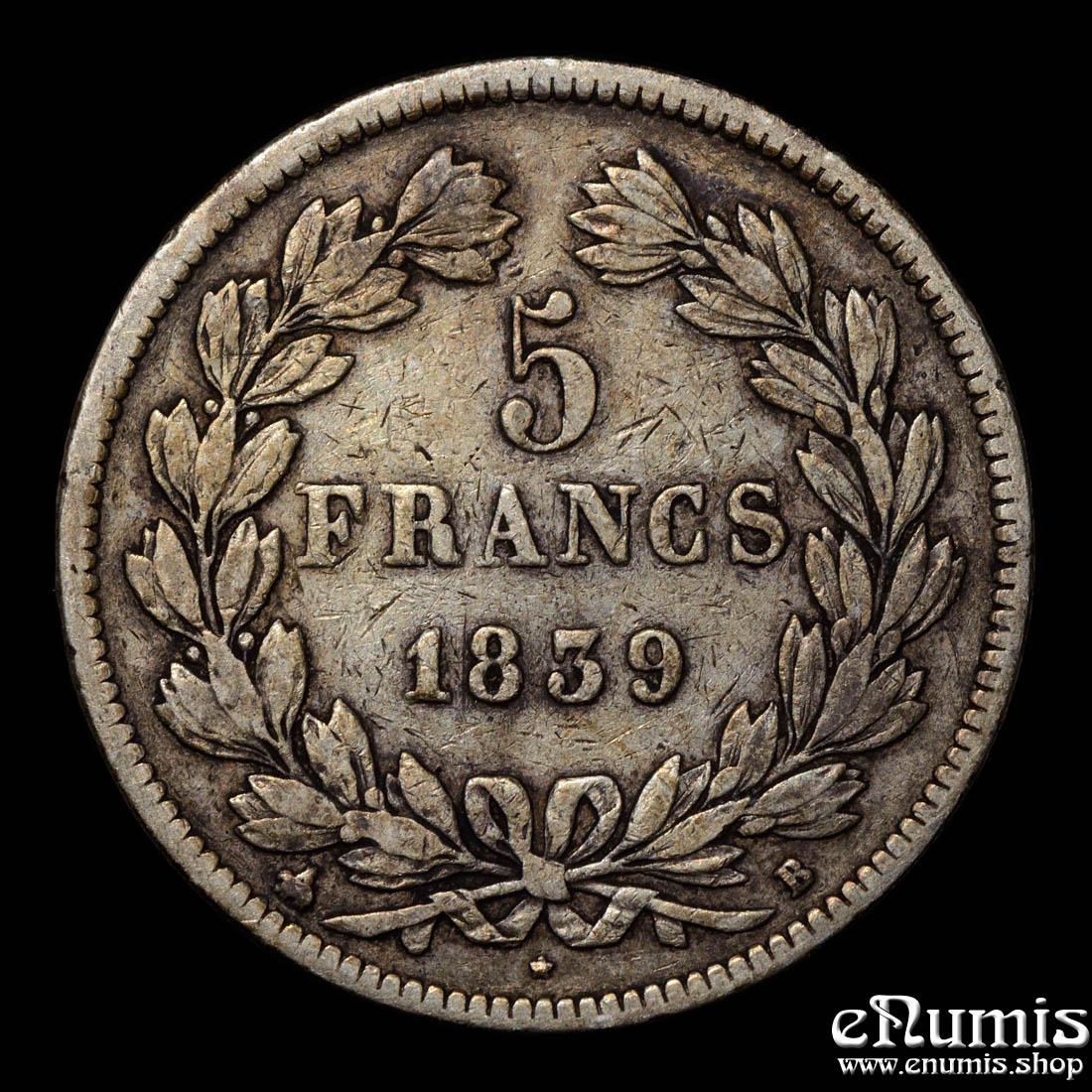 FRANCE, Louis Philippe, 5 Francs 1839 B, Rouen, VF
