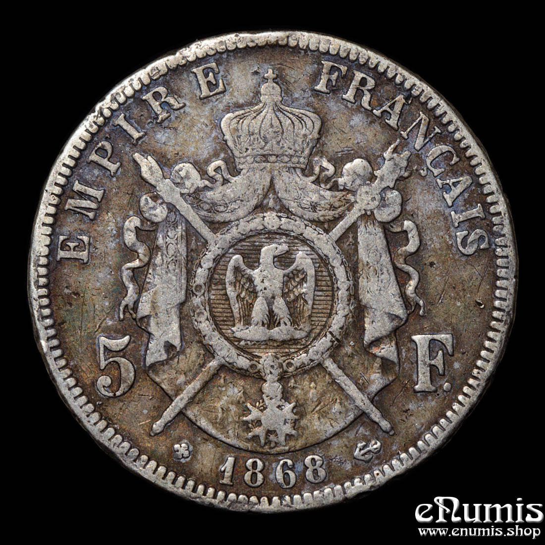 FRANCE, Napoleon III, 5 Francs 1868 BB, Strasbourg, VF
