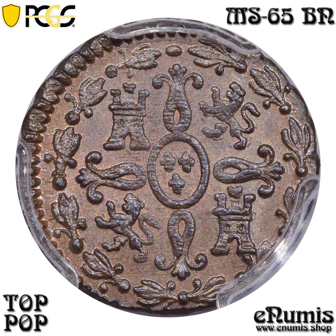 SPAIN, Ferdinand VII, 2 Maravedis 1828, Top Pop, PCGS MS 65 BN SPAIN, Ferdinand VII, 2 Maravedis 1828, Top Pop, PCGS MS 65 BN