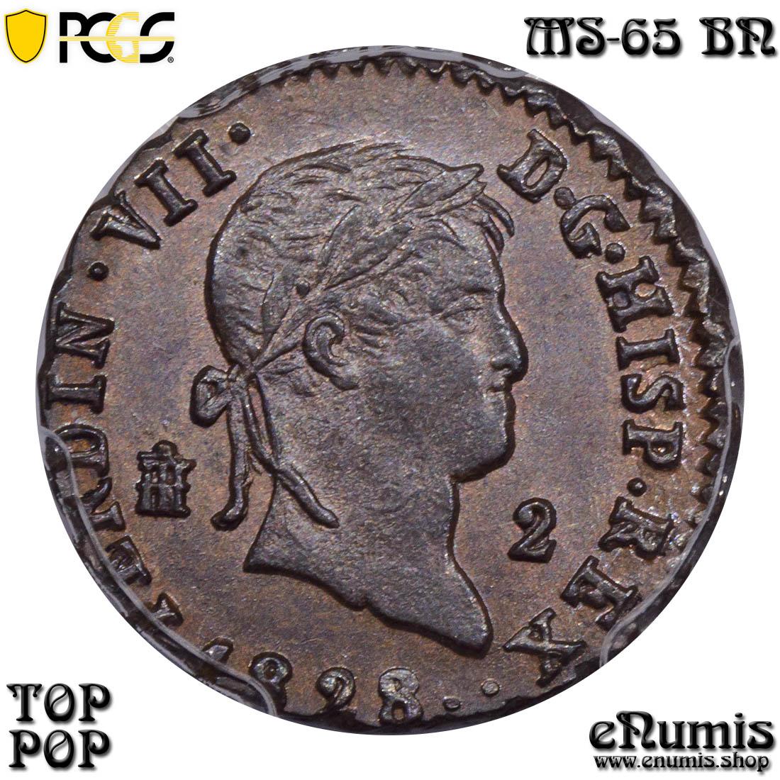 SPAIN, Ferdinand VII, 2 Maravedis 1828, Top Pop, PCGS MS 65 BN SPAIN, Ferdinand VII, 2 Maravedis 1828, Top Pop, PCGS MS 65 BN