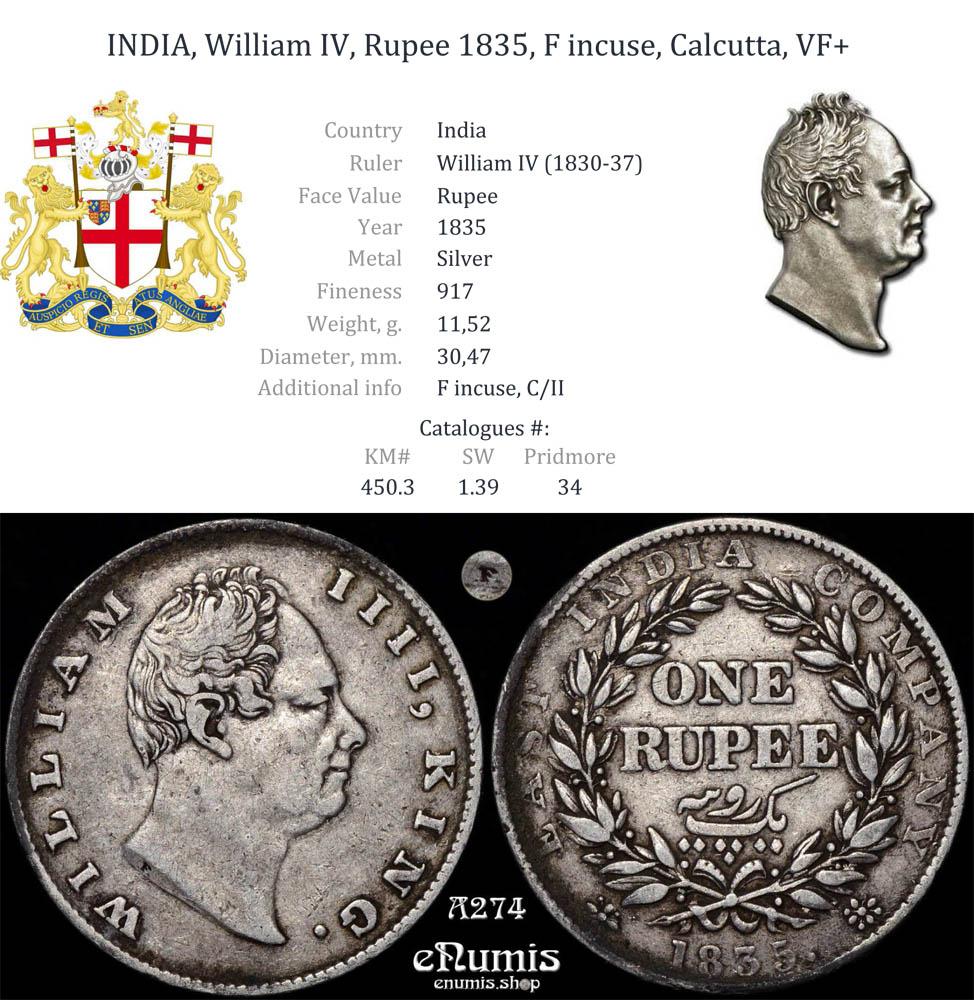 INDIA, William IV, Rupee 1835, F incuse, Calcutta, VF+