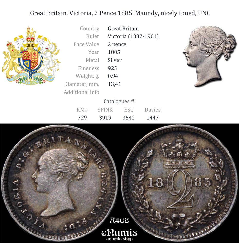 Great Britain, Victoria, 2 Pence 1885, Maundy, nicely toned, UNC