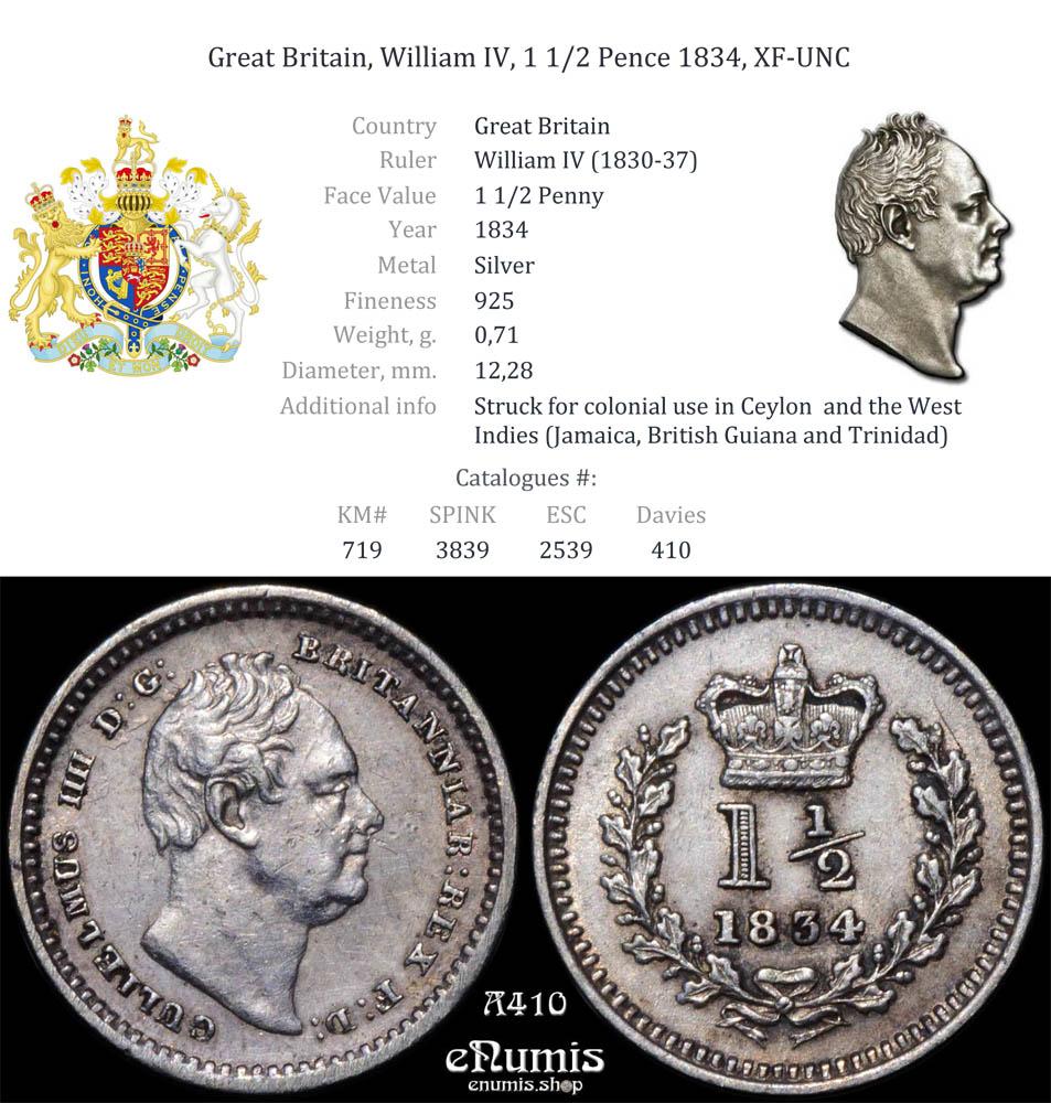 Great Britain, William IV, 1 1/2 Pence 1834, XF-UNC