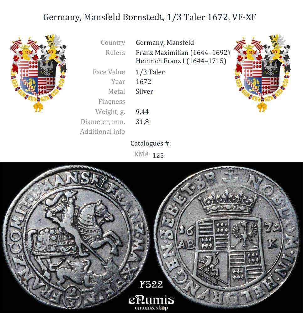 GERMANY Mansfeld Bornstedt, 1/3 Taler 1672, VF-XF