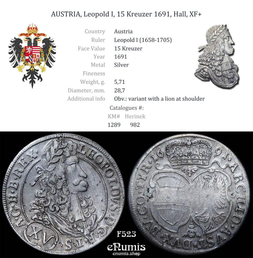 AUSTRIA, Leopold I, 15 Kreuzer 1691, Hall, XF+