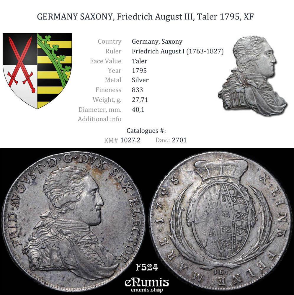 GERMANY SAXONY, Friedrich August III, Taler 1795, XF