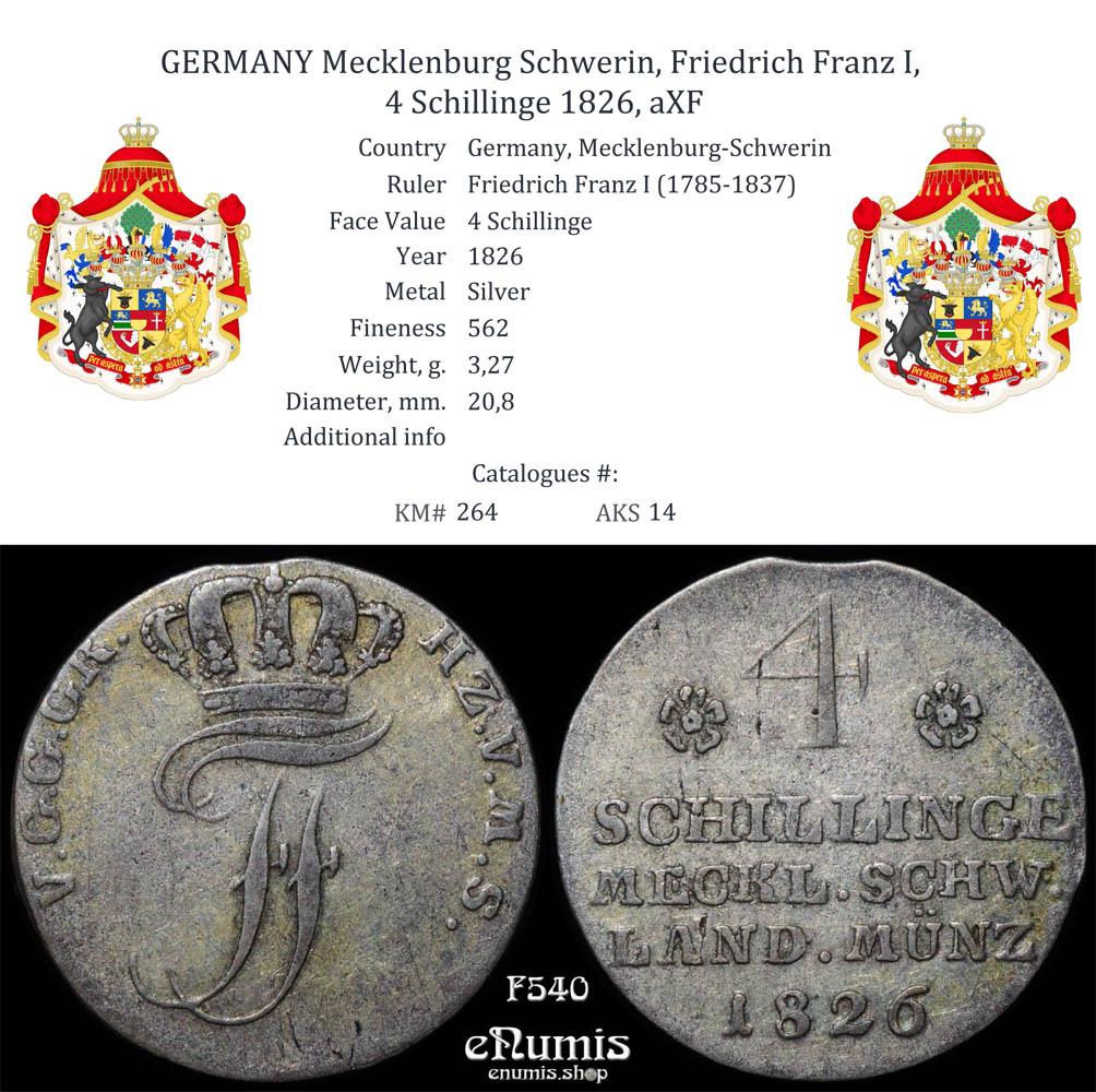 GERMANY Mecklenburg Schwerin, Friedrich Franz I, 4 Schillinge 1826, aXF