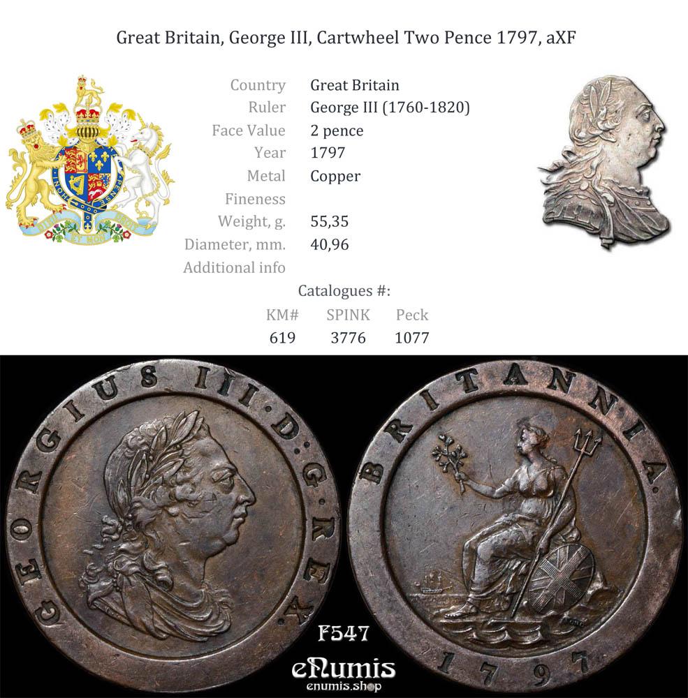 Great Britain, George III, Cartwheel Two Pence 1797, aXF Great Britain, George III, Cartwheel Two Pence 1797, aXF