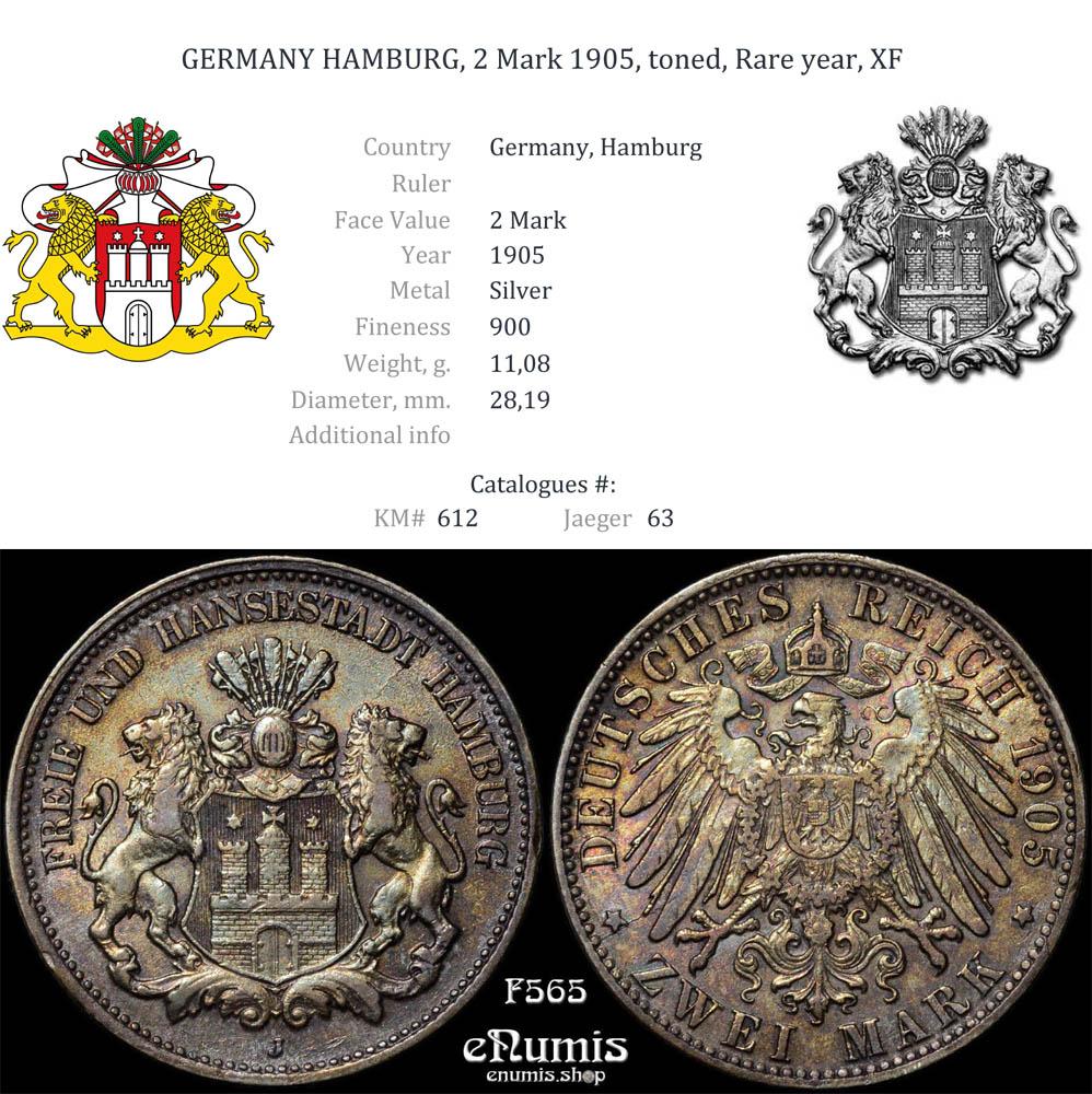 GERMANY HAMBURG, 2 Mark 1905, toned, Rare year, XF