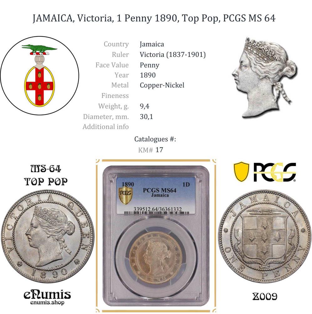 JAMAICA, Victoria, 1 Penny 1890, Top Pop, PCGS MS 64
