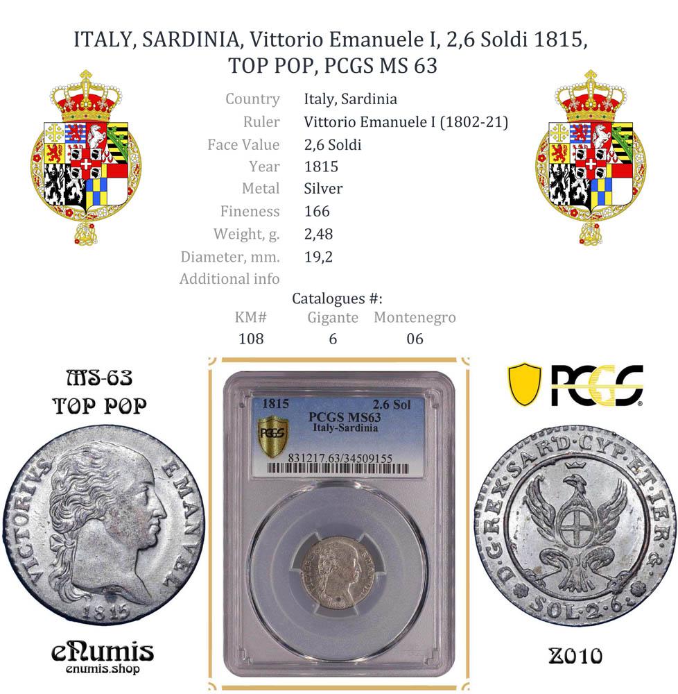 ITALY, SARDINIA, Vittorio Emanuele I, 2.6 Soldi 1815, TOP POP, PCGS MS 63