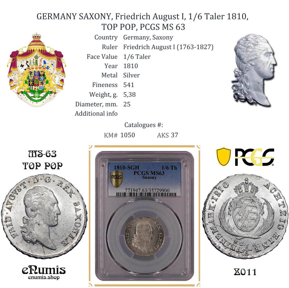 GERMANY SAXONY, Friedrich August I, 1/6 Taler 1810, TOP POP, PCGS MS 63