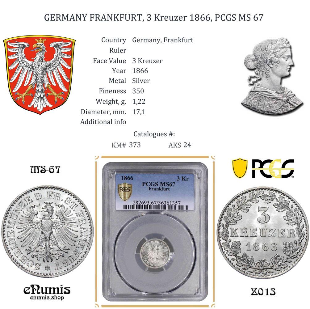 GERMANY FRANKFURT, 3 Kreuzer 1866, PCGS MS 67
