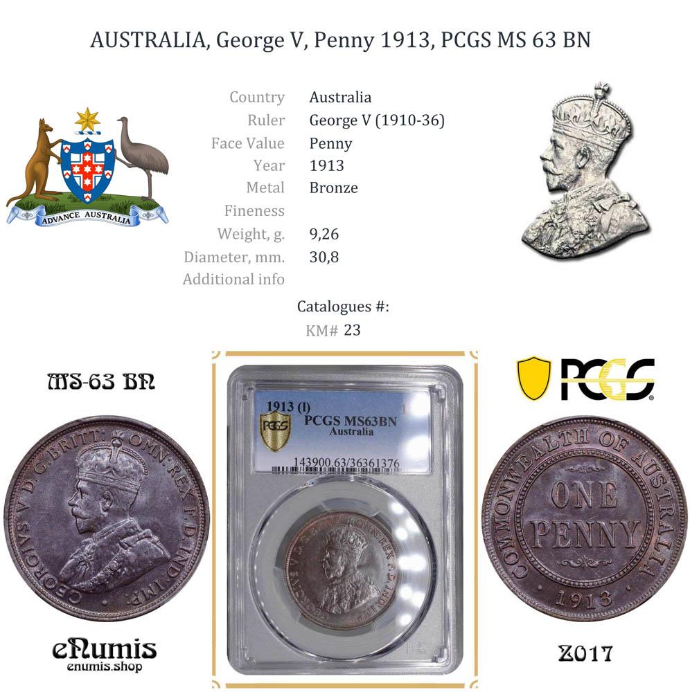 AUSTRALIA, George V, Penny 1913, PCGS MS 63 BN