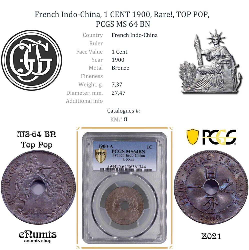 French Indo-China, 1 CENT 1900, Rare!, TOP POP, PCGS MS 64 BN