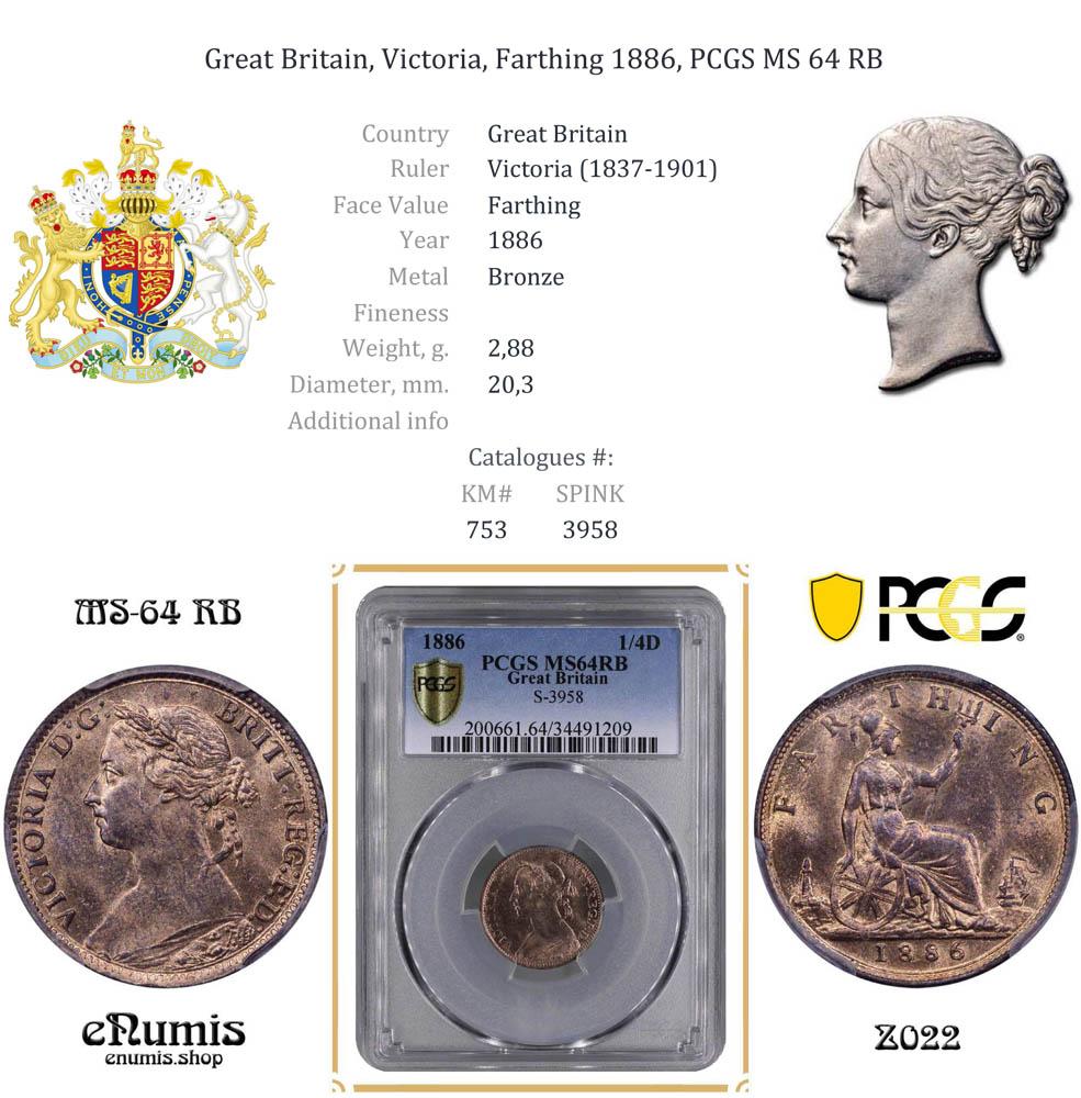 Great Britain, Victoria, Farthing 1886, PCGS MS 64 RB