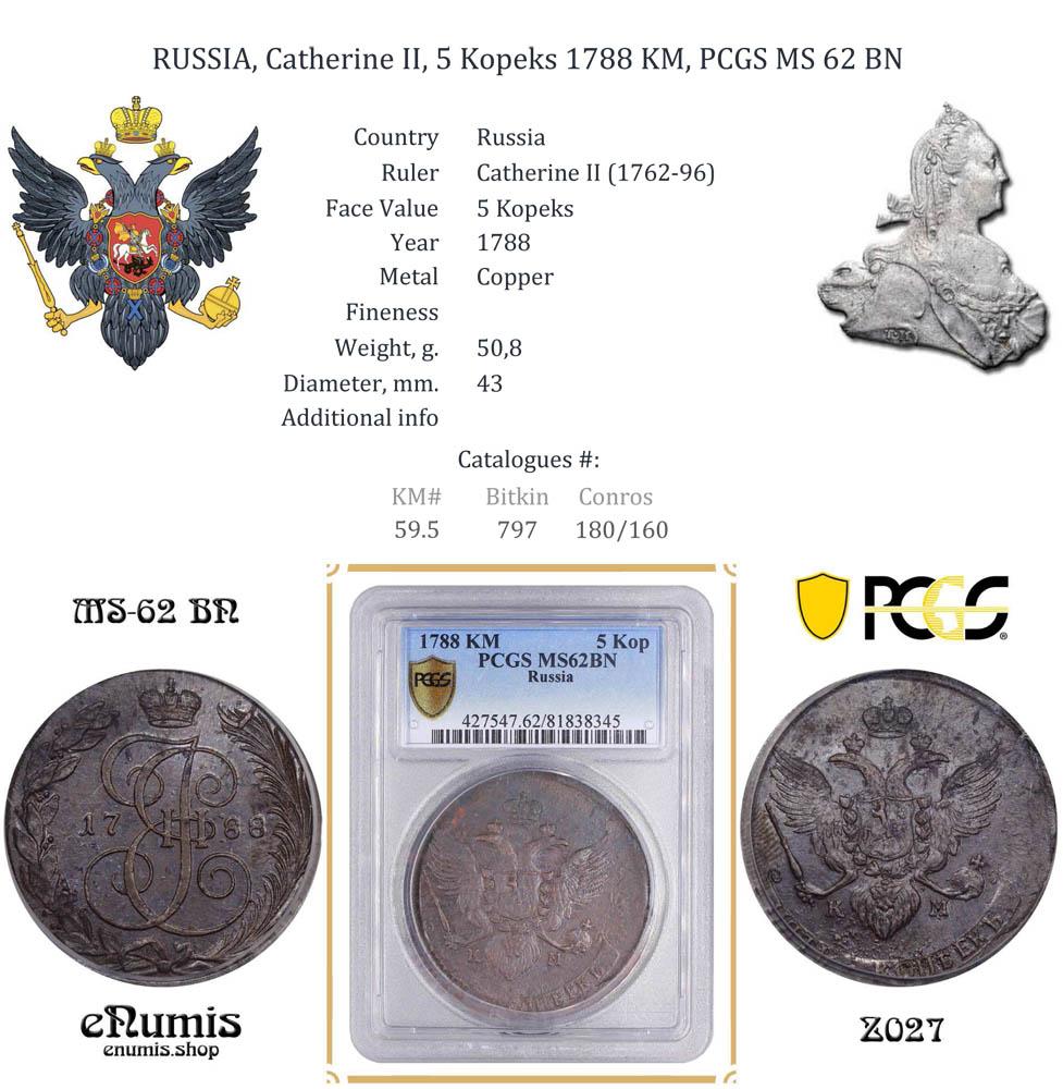 RUSSIA, Catherine II, 5 Kopeks 1788 KM, PCGS MS 62 BN