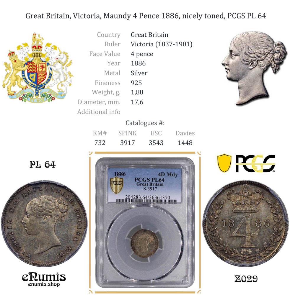 Great Britain, Victoria, Maundy 4 Pence 1886, nicely toned, PCGS PL 64