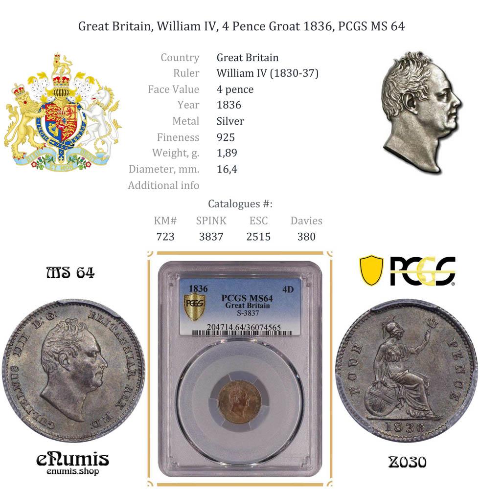 Great Britain, William IV, 4 Pence Groat 1836, PCGS MS 64