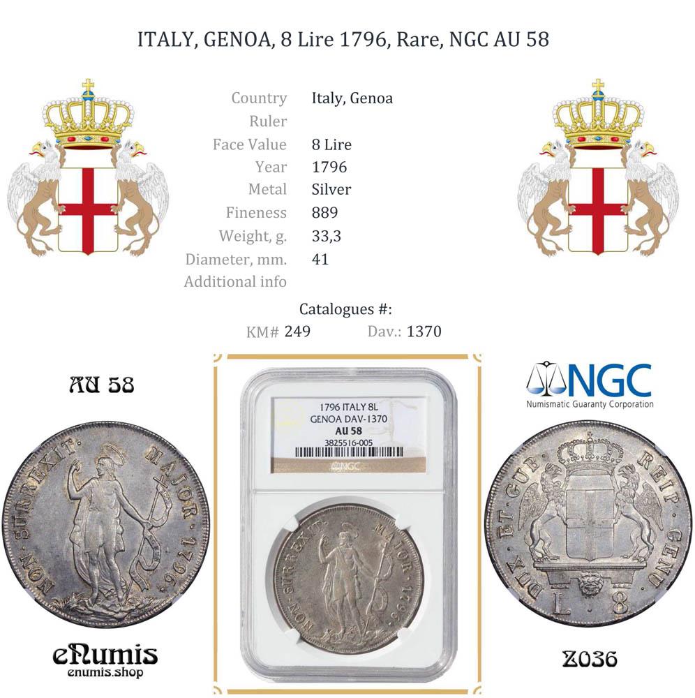 ITALY, GENOA, 8 Lire 1796, Rare, NGC AU 58 ITALY, GENOA, 8 Lire 1796, Rare, NGC AU 58