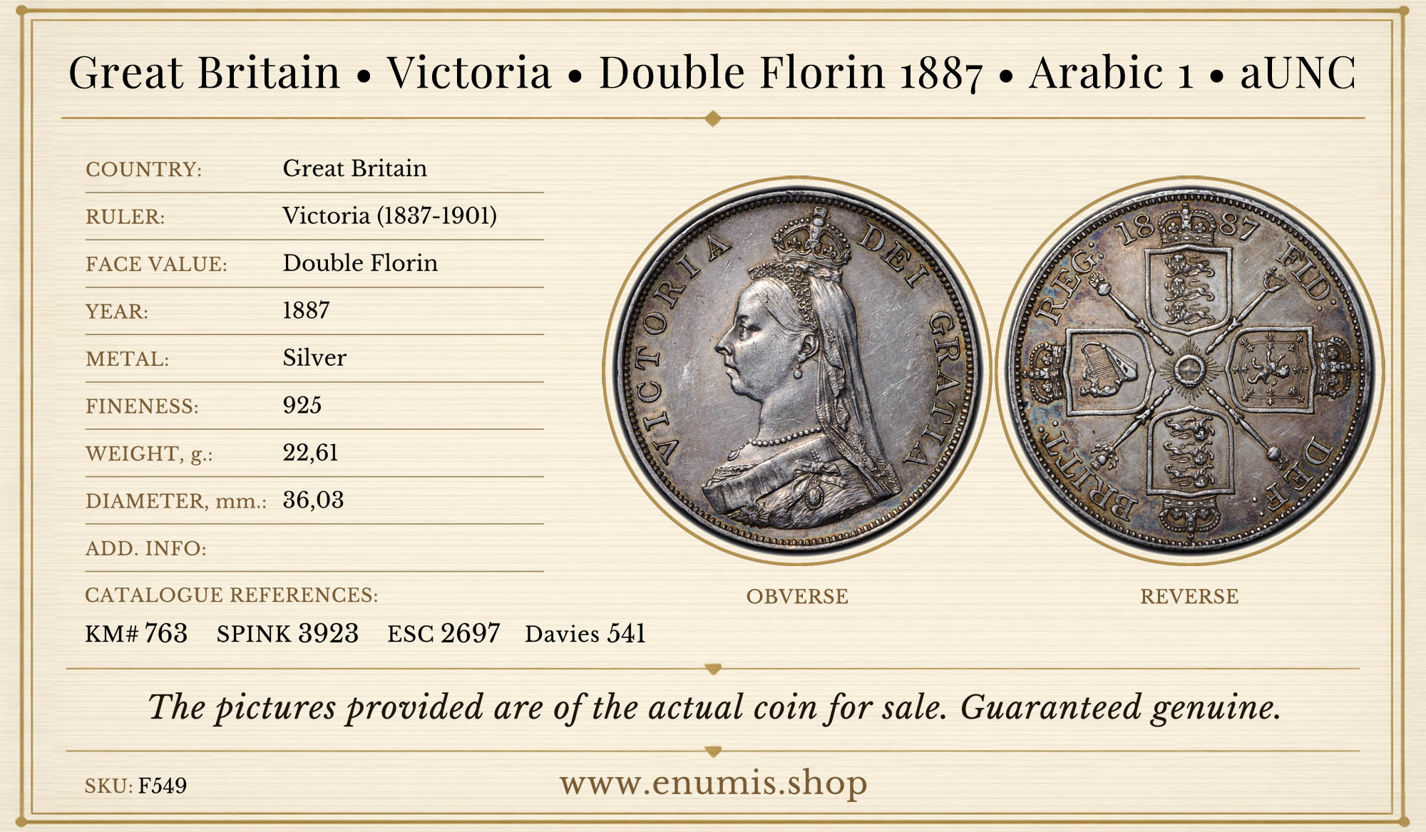 Great Britain, Victoria, Double Florin 1887, Arabic 1, aUNC