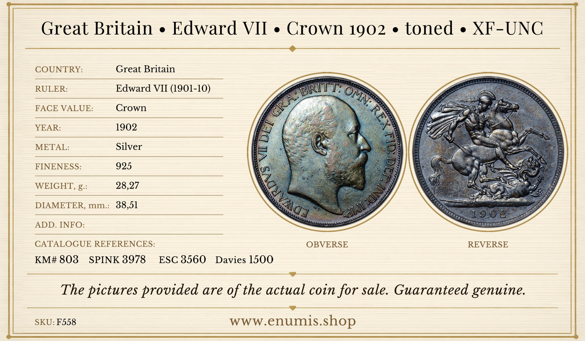 Great Britain, Edward VII, Crown 1902, toned, XF-UNC