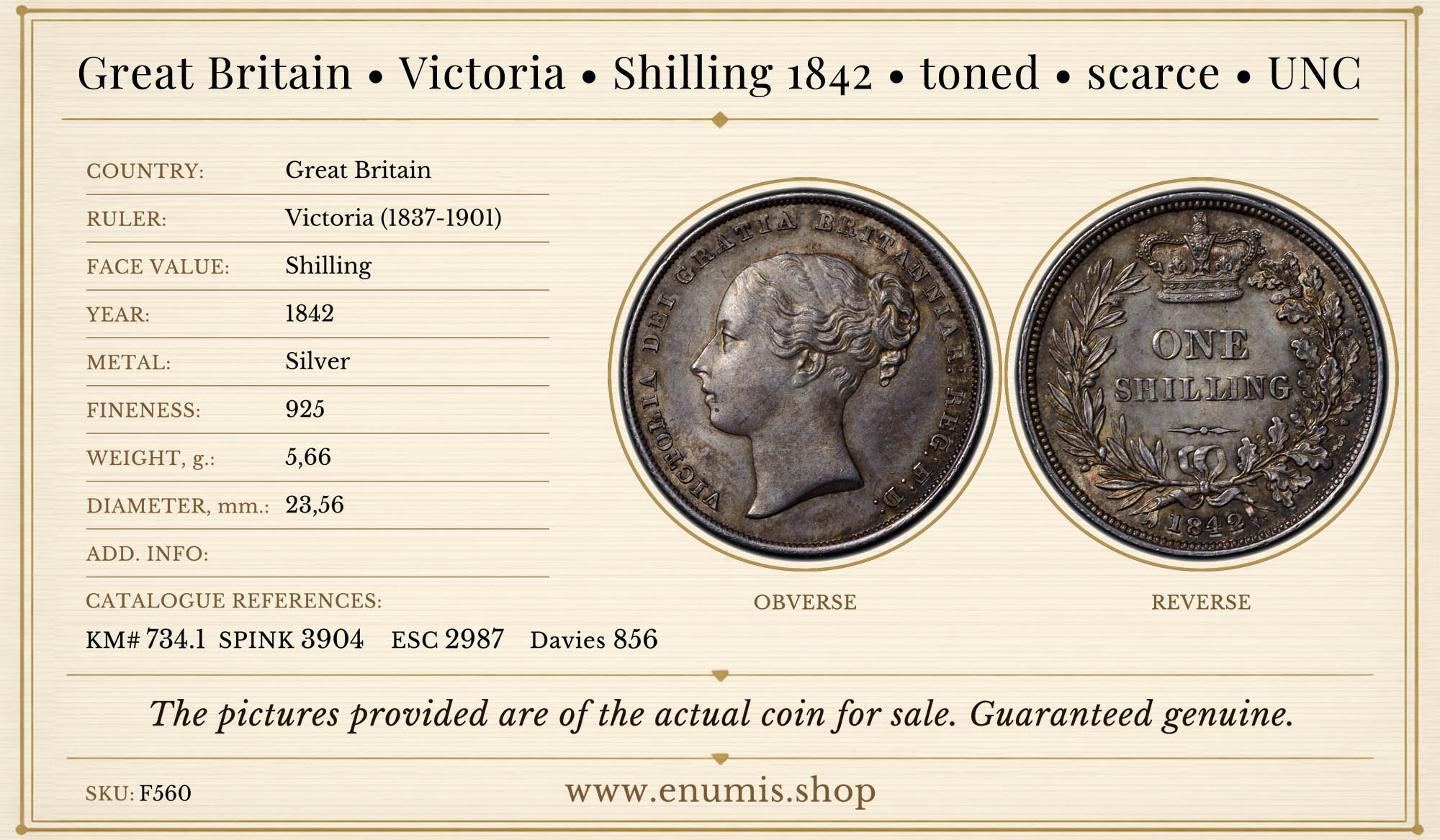 Great Britain, Victoria, Shilling 1842, toned, scarce, UNC