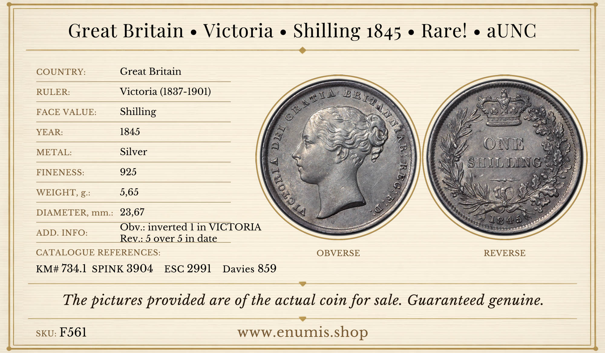 Great Britain, Victoria, Shilling 1845, Rare!, aUNC