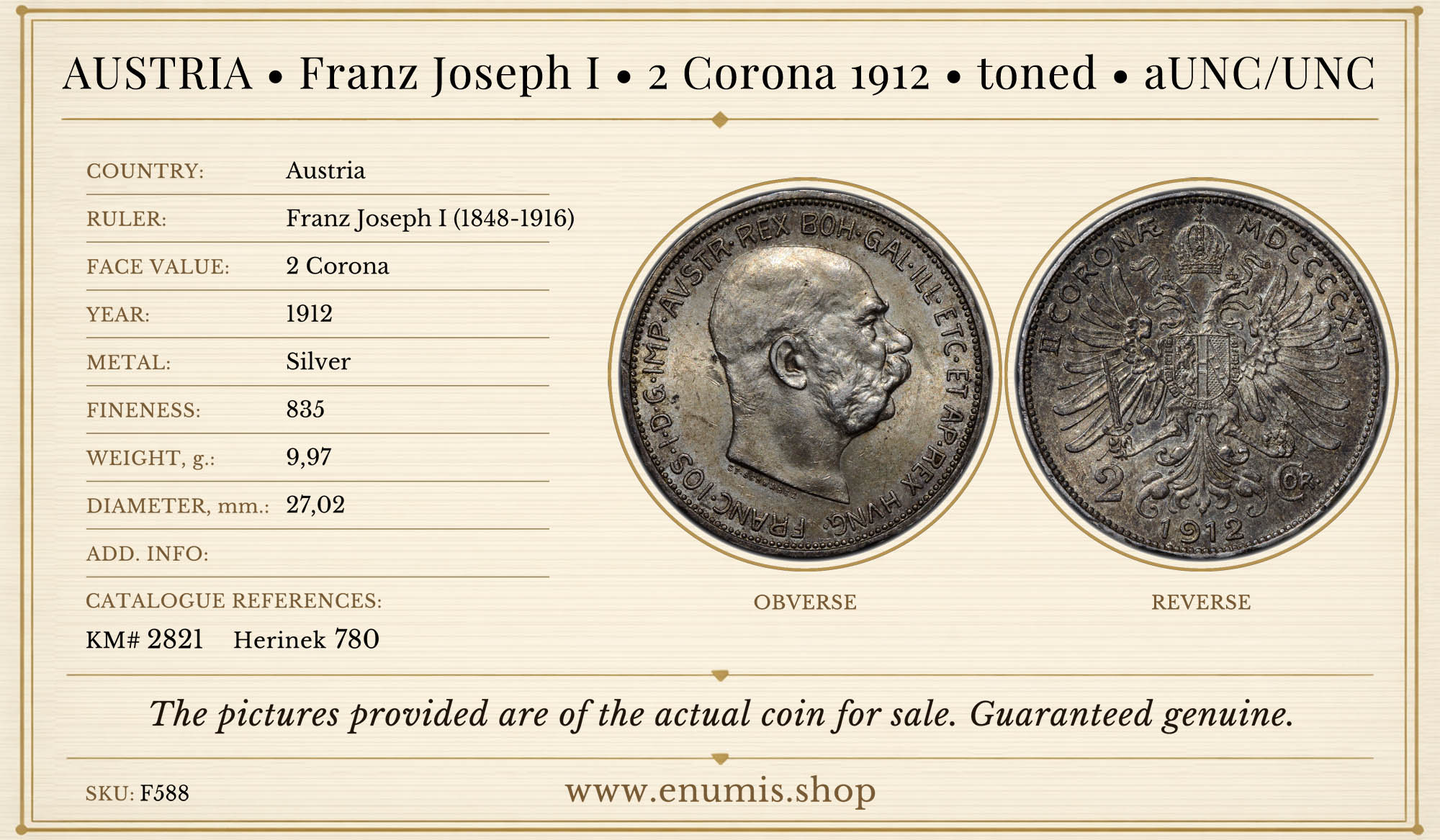AUSTRIA, Franz Joseph I, 2 Corona 1912, toned, aUNC/UNC AUSTRIA, Franz Joseph I, 2 Corona 1912, toned, aUNC/UNC