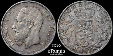 BELGIUM, Leopold II, 5 Francs 1869, XF