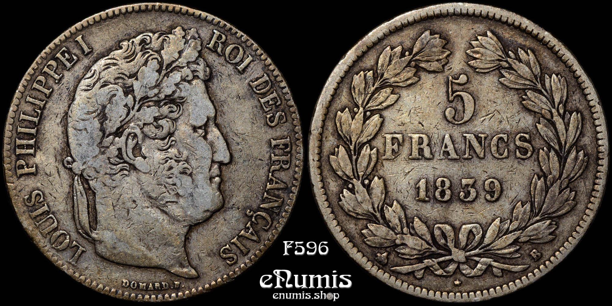 FRANCE, Louis Philippe, 5 Francs 1839 B, Rouen, VF