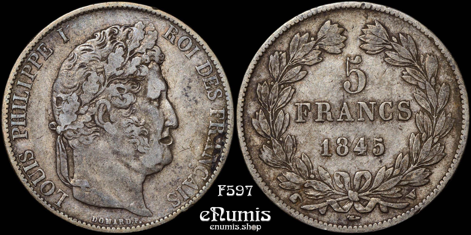 FRANCE, Louis Philippe, 5 Francs 1845 W, Lille, VF