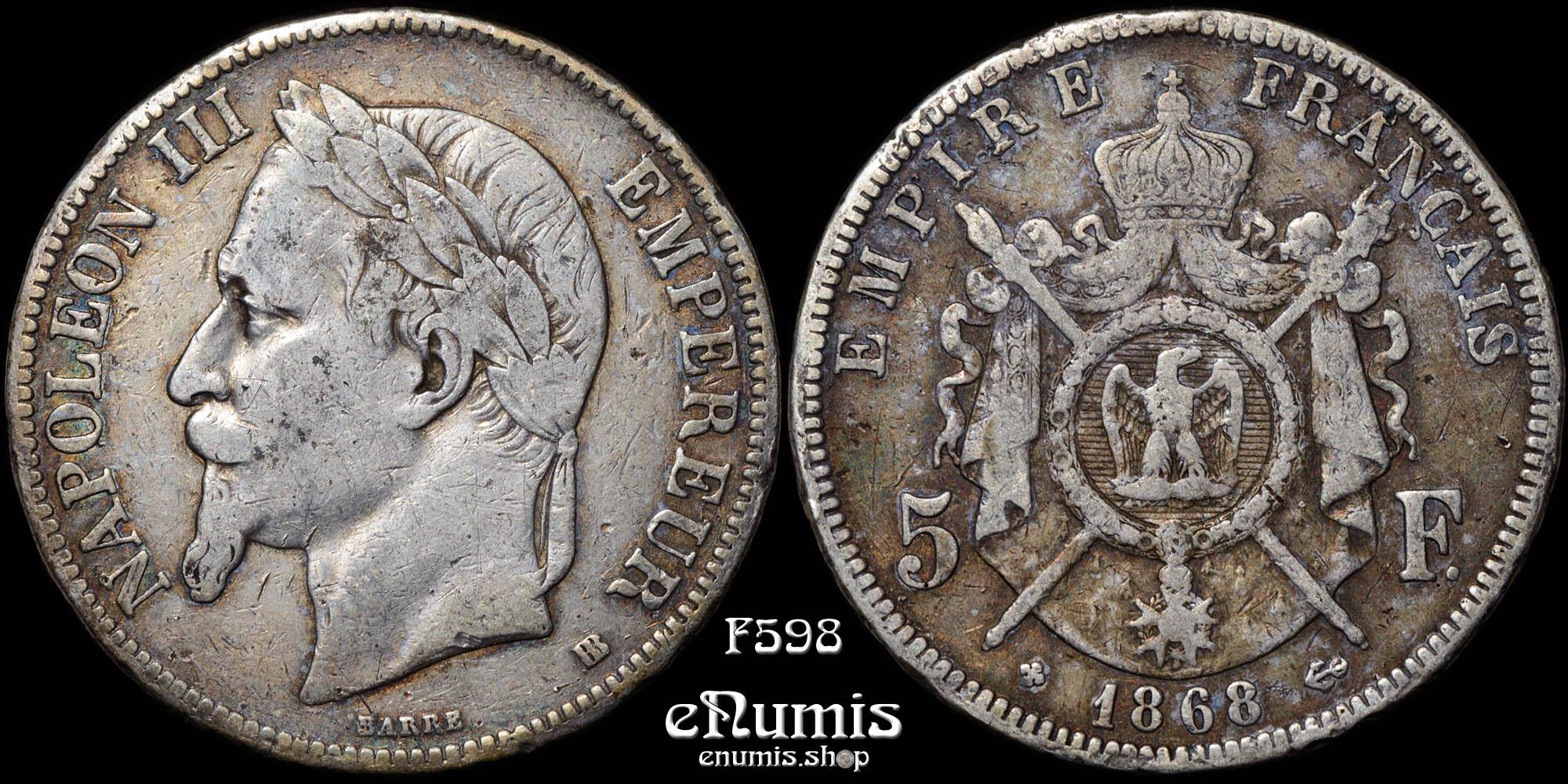 FRANCE, Napoleon III, 5 Francs 1868 BB, Strasbourg, VF