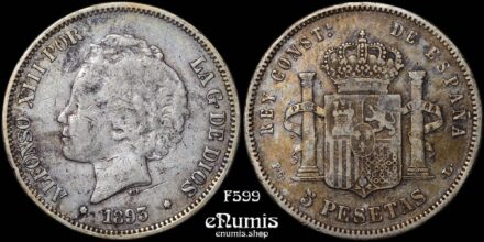 SPAIN, Alfonso XIII, 5 Pesetas 1893 PG-L, VF
