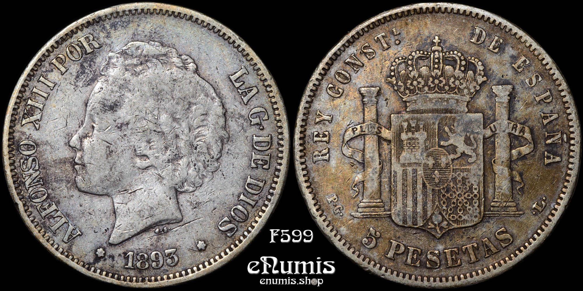 SPAIN, Alfonso XIII, 5 Pesetas 1893 PG-L, VF
