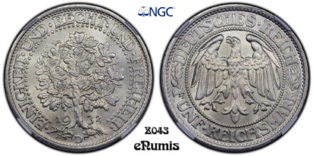 GERMANY WEIMAR REPUBLIC, 5 Mark 1932 D, Oak Tree, NGC MS 66