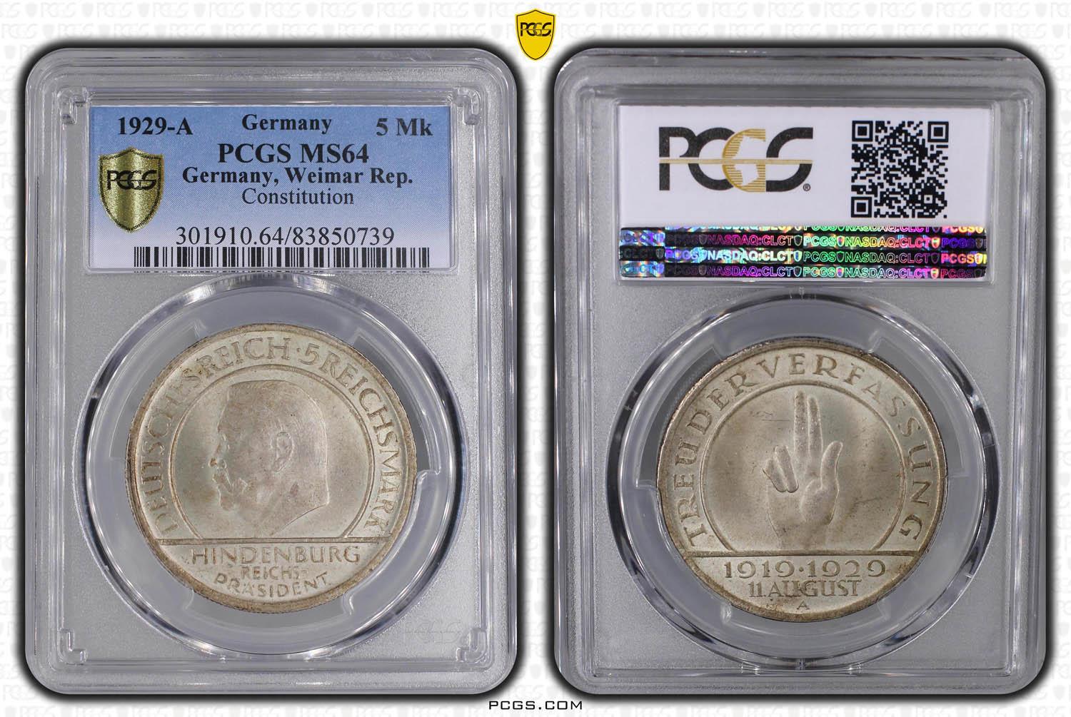 GERMANY WEIMAR REPUBLIC, 5 Mark 1929 A, Constitution, PCGS MS 64