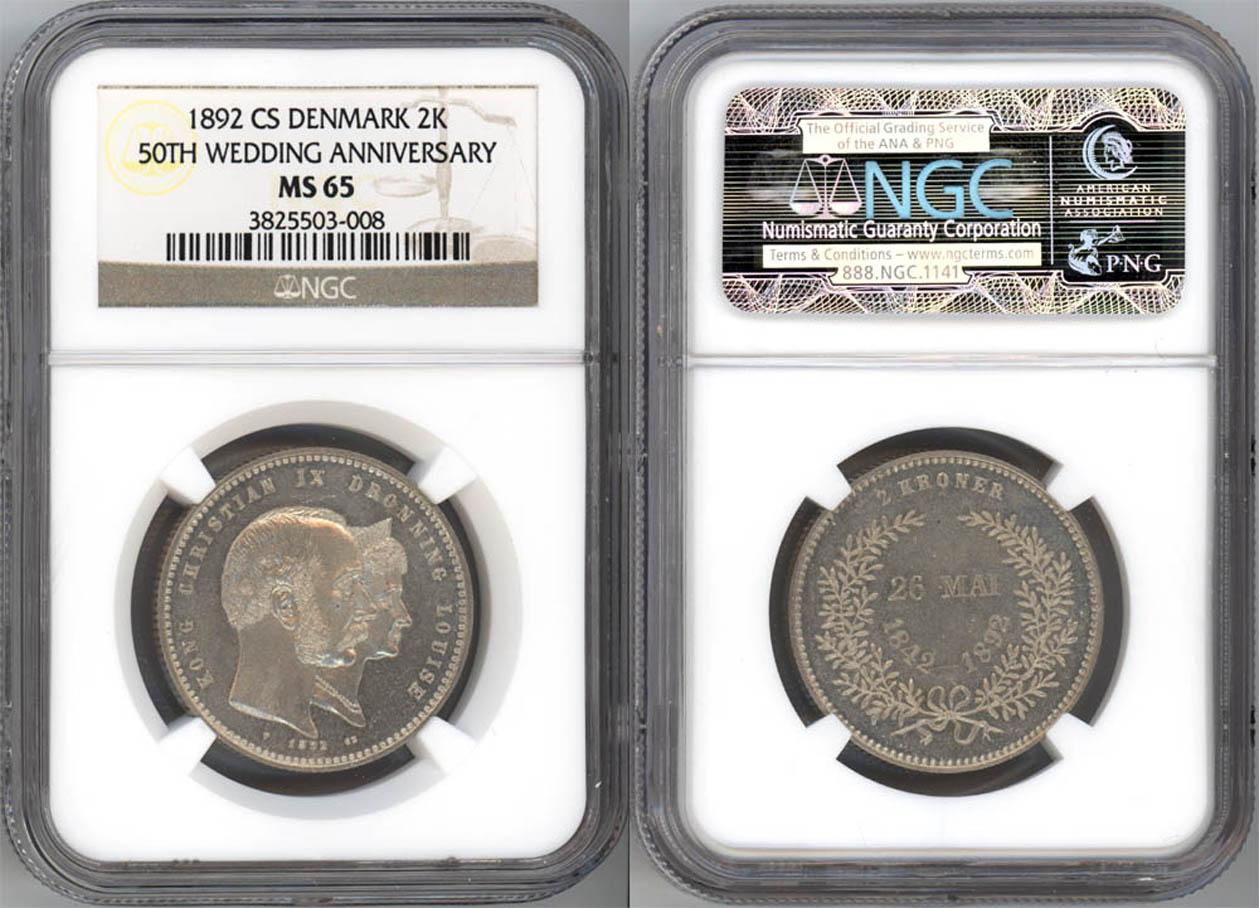 DENMARK, Christian IX, 2 Kroner 1892, Golden Wedding Anniversary, NGC MS 65