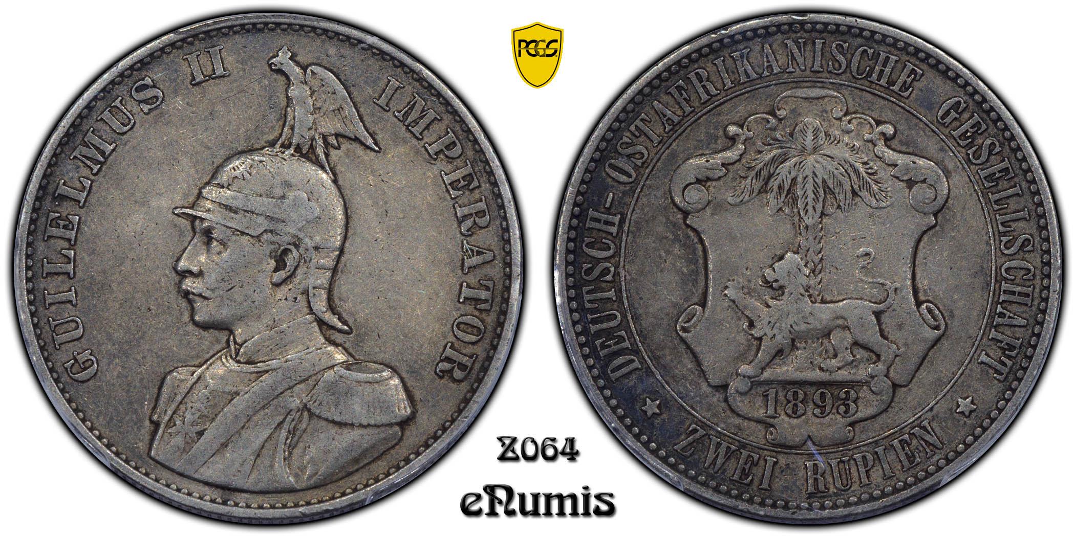 GERMAN EAST AFRICA, Wilhelm II, 2 Rupien 1893, scarce, PCGS XF 45 GERMAN EAST AFRICA, Wilhelm II, 2 Rupien 1893, scarce, PCGS XF 45