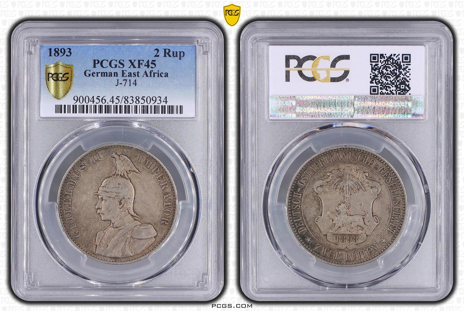 GERMAN EAST AFRICA, Wilhelm II, 2 Rupien 1893, scarce, PCGS XF 45 GERMAN EAST AFRICA, Wilhelm II, 2 Rupien 1893, scarce, PCGS XF 45