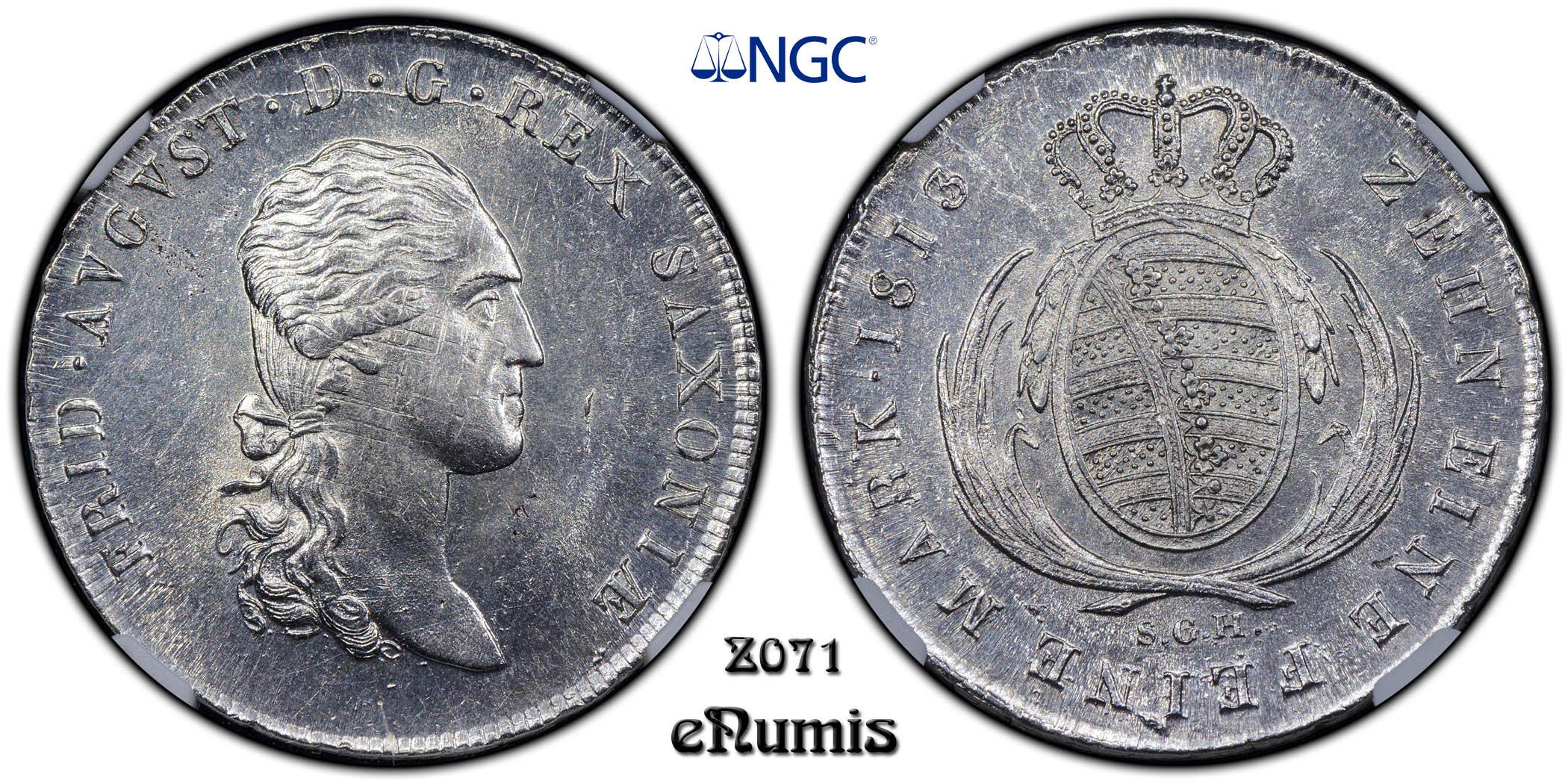 GERMANY SAXONY, Friedrich August I, Taler 1813 /2, Napoleon edge, NGC MS 62 GERMANY SAXONY, Friedrich August I, Taler 1813 /2, Napoleon edge, NGC MS 62