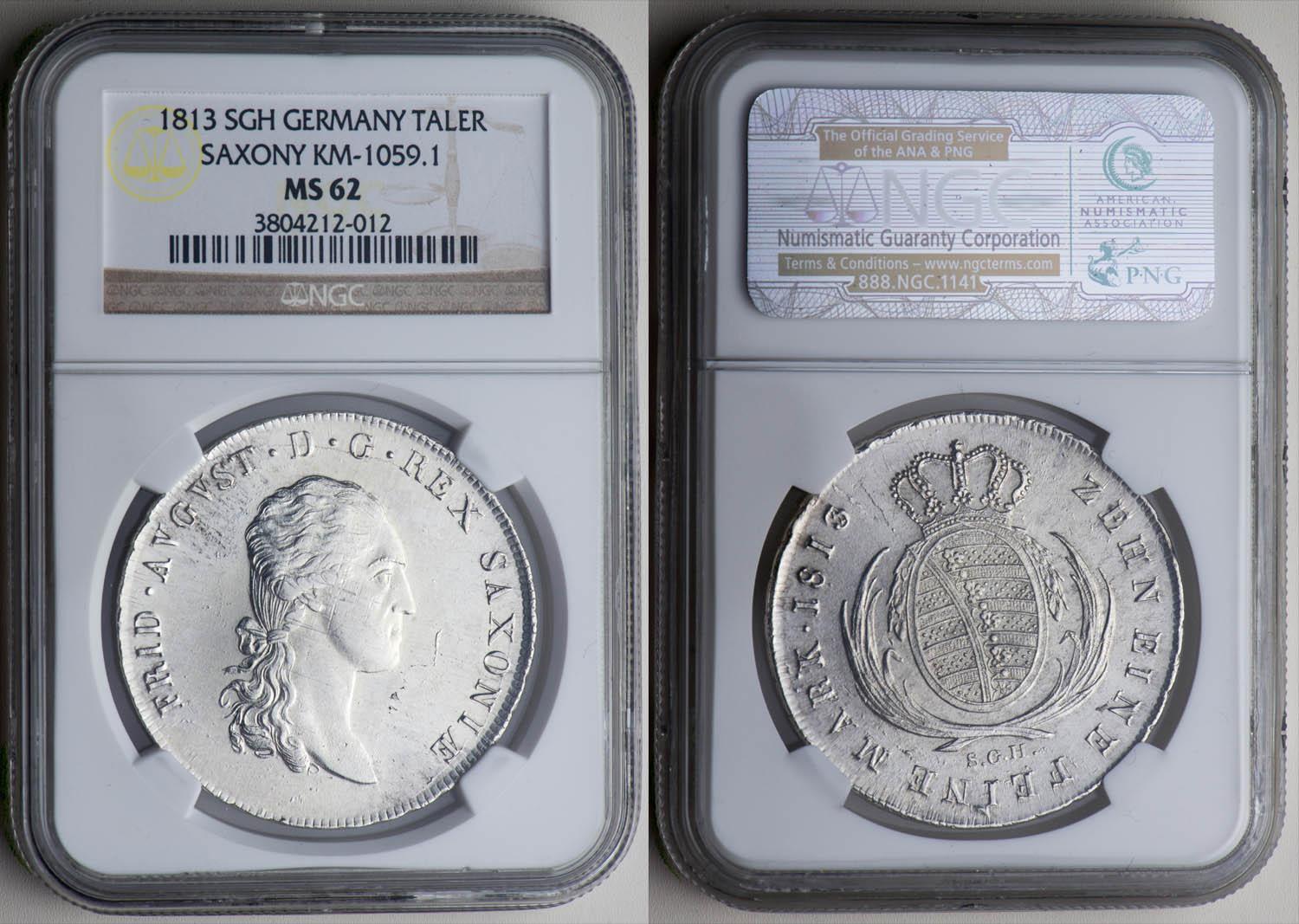 GERMANY SAXONY, Friedrich August I, Taler 1813 /2, Napoleon edge, NGC MS 62 GERMANY SAXONY, Friedrich August I, Taler 1813 /2, Napoleon edge, NGC MS 62