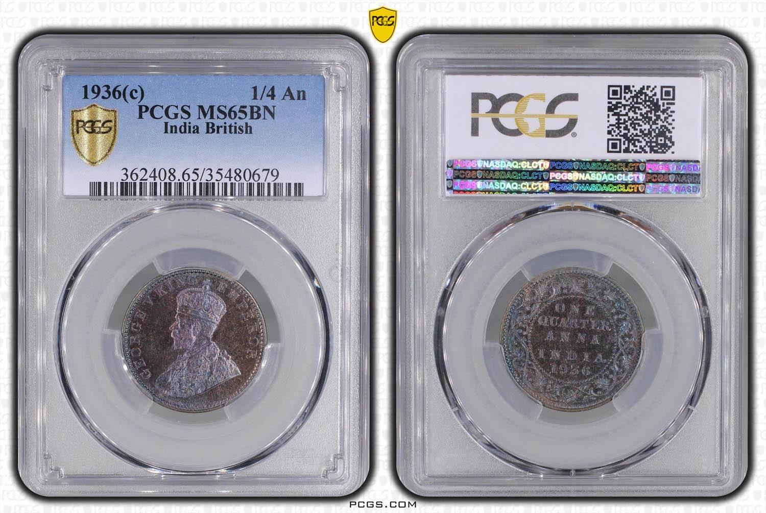 INDIA, George V, 1/4 Anna 1936, Calcutta, PCGS MS 65 BN