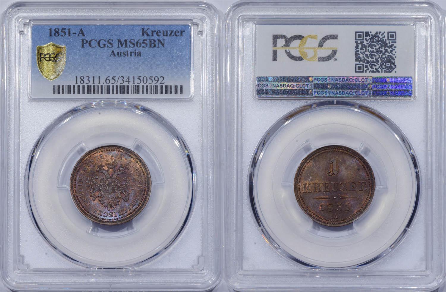AUSTRIA, Franz Joseph I, 1 Kreuzer 1851, PCGS MS 65 BN