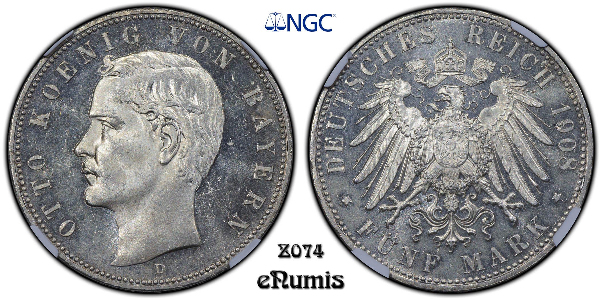 GERMANY BAVARIA, Otto, 5 Mark 1908, PROOF, NGC PF 62