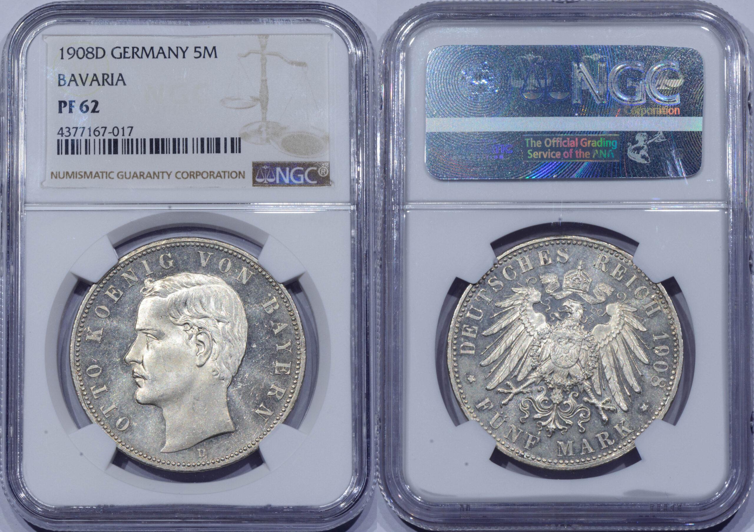 GERMANY BAVARIA, Otto, 5 Mark 1908, PROOF, NGC PF 62