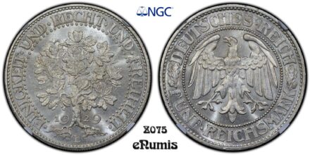 GERMANY WEIMAR REPUBLIC, 5 Mark 1929 E, Oak Tree, Rare!, Top Pop, NGC MS 64