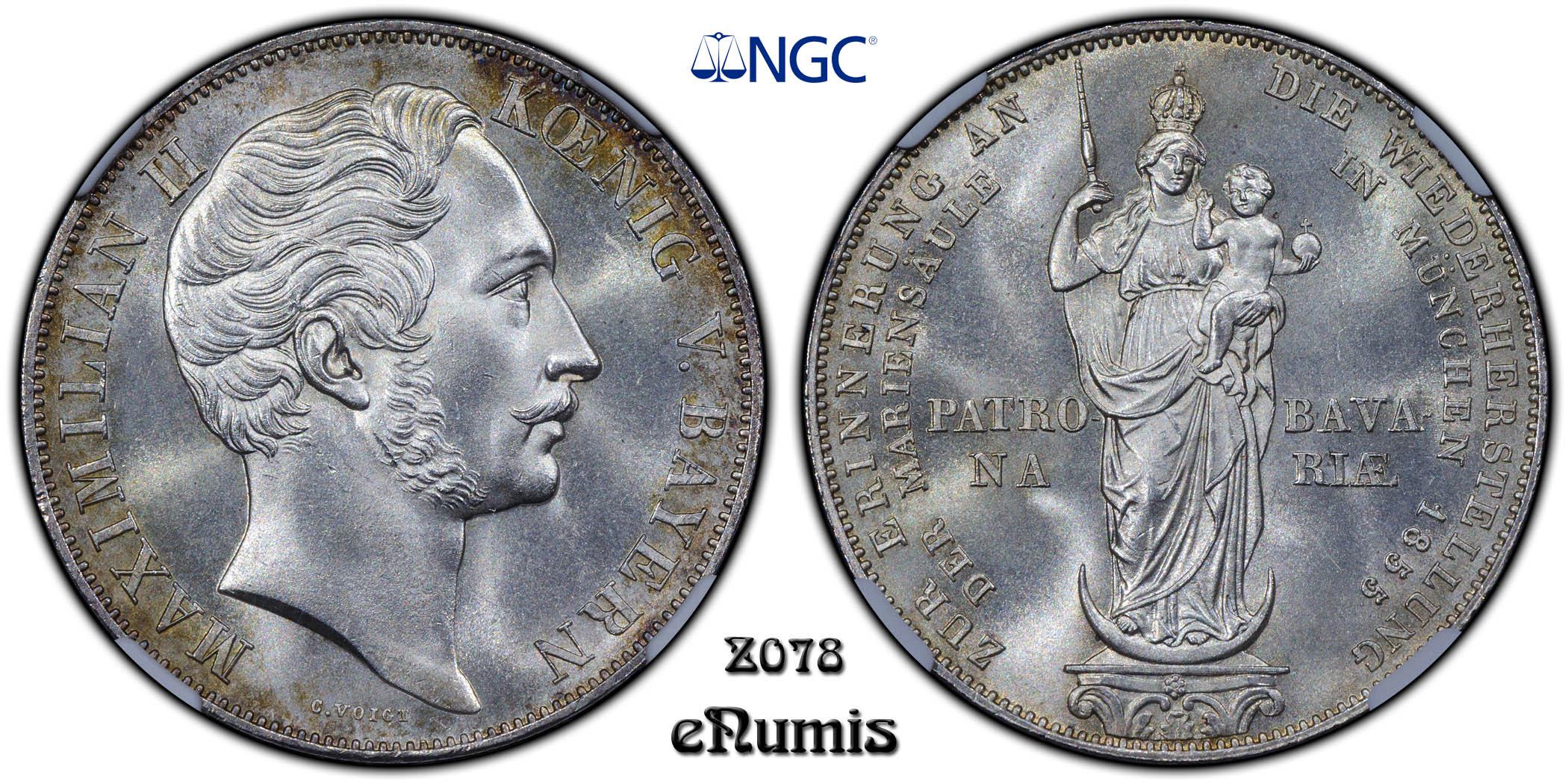 Germany, Bavaria, Maximilian II, 2 Gulden 1855, Madonna Column, NGC MS 65