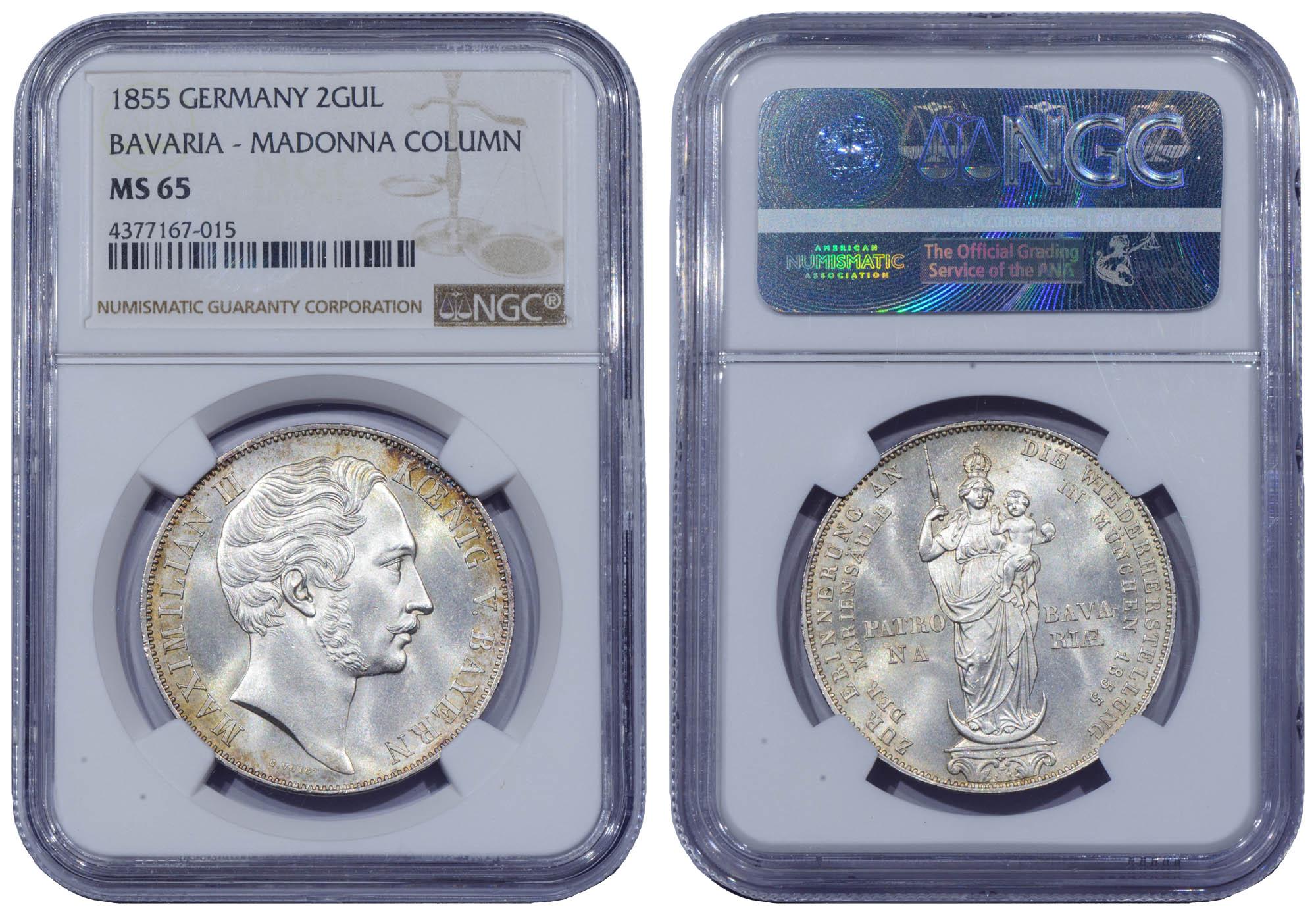 Germany, Bavaria, Maximilian II, 2 Gulden 1855, Madonna Column, NGC MS 65