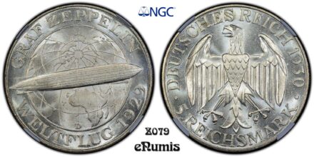 Germany, Weimar Republic, 5 Mark 1930 D, Zeppelin, NGC MS 66